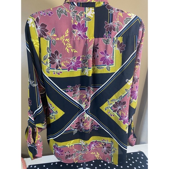 Multicolor Floral/striped Button Up Top With Pockets/button Sleeves Size XS - Picture 11 of 16